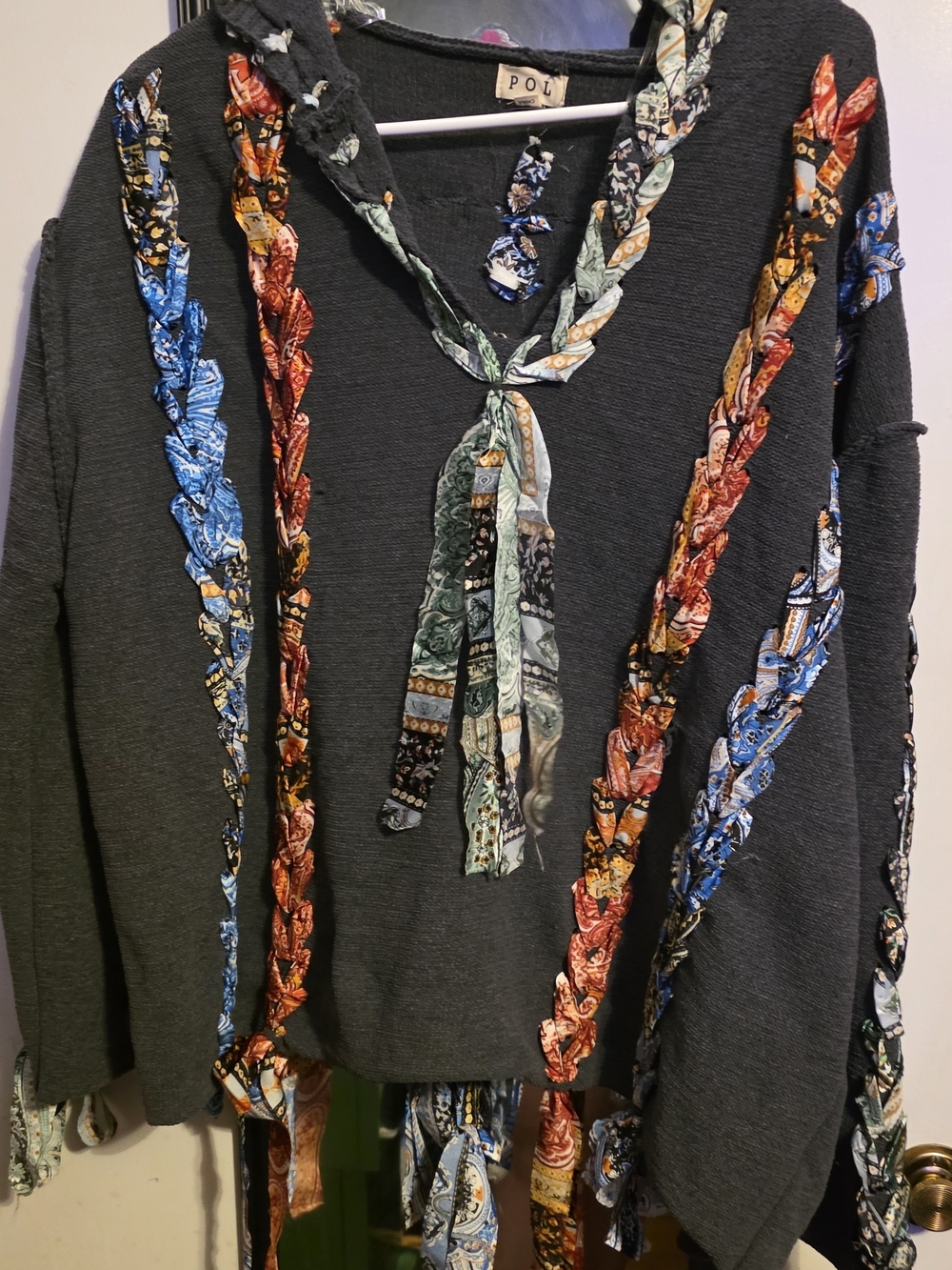 POL Small Oversized Hoodie  Colorful Braided Peace Fits Like Large PTP 24 EUC - Picture 2 of 2